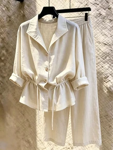 SHEIN Franclia New Women's Loose Casual Slimming Drawstring Long Sleeve Shirt And Casual Pants 2 Pieces Set - Apricot - View 1