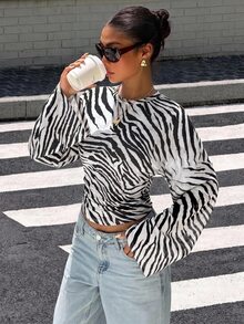 Muchica Nouveau T-shirt à manches longues blanc & gris vintage à rayures zébrées, coupe slim, top basique élégant et décontracté pour le printemps, l'été, l'automne et l'hiver, convient pour les sorties et les fêtes, tenue à rayures zébrées pour femmes - Multicolore - Voir 3