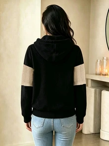 Yalmera Women's Autumn/Winter New Casual Basic Textured Fabric Colorblock Hooded Jacket - Black - View 2