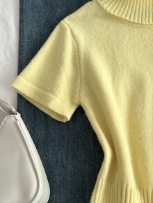 Sweetra Minimalist Cream Yellow Turtleneck Cropped Knit Top - Yellow - View 3