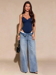 SHEIN BAE 女款春夏黑色蕾絲拼接V領細肩帶連身內衣 - 藏蓝色 - 查看 6