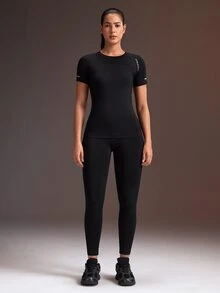 Powerista طقم رياضي نسائي بدون درزات بقصة ضيقة، توب بأكمام قصيرة + بنطال ليقنز ضيق بطول الكاحل - الأسود - مشاهدة 3