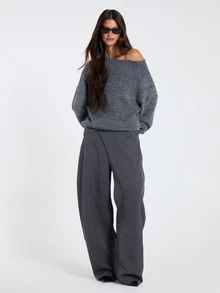 MUSERA Grey Knitted Oversized Off Shoulder Jumper Sweater Fall Winter Women Outfit Casual - Dark Grey - View 4