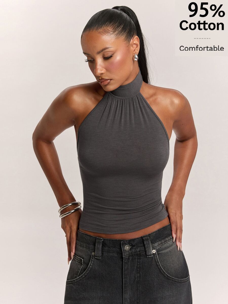 SHEIN BAE 95% Cotton Women's Casual Sexy Backless Tank Top - Dark Grey - View 1