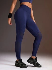 Powerista Women's Solid Color Hollow Design Fashion Tight Fit Sports Leggings - Navy Blue - View 2