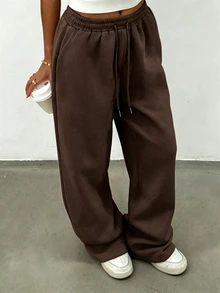 SHEIN 女款直筒寬鬆長款休閒褲，優雅舒適設計，適合休閒與運動，淺灰色運動褲 - 咖啡棕 - 查看 4