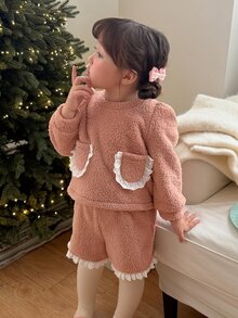 DAZY Infant (Girl) Round Neck Long Sleeve Fleece Jacket Set - Baby Pink - View 5