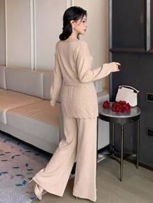 DAZY Women's Apricot Round Neck Loose Drop Shoulder Long Sleeve Knit Sweater With Matching Elastic Waist Wide Leg Long Pants 2 Pieces Set - Khaki - View 2