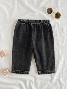 1件新生兒幼兒牛仔褲 經典水洗黑色 鬆緊腰 口袋 直筒褲管 常規版 戶外 春秋 度假 活動下身褲 - 深灰色 - 查看 2