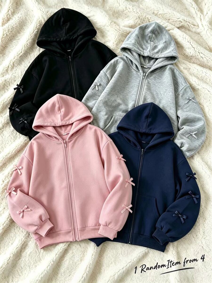 SHEIN Sparklyn 秋冬女童連帽拉鍊外套-街頭風混搭,保暖針織面料,適合秋冬穿著,微寬鬆版型預留成長空間,適合上學與外出,讓女孩瞬間展現活力! - 粉色 - 查看 1
