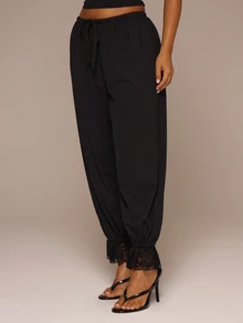MUSERA ESSENTIALS Black Jersey Lace Trim Hareem Pants Autumn Fall Winter Cute Daily Girly Everyday - Black - View 3