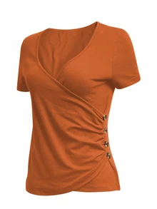 SHEIN LUNE Women's Solid Color V-Neck Pleated Fitted Versatile Casual Short Sleeve T-Shirt - Orange - View 4