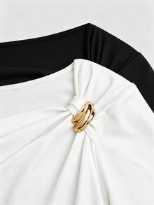 Sweetra Summer Hot-Selling Elegant Minimalist Asymmetrical Shoulder Ruched Waist Short Sleeve 2 Pieces Set Metal Decor Sexy Women Plus Size T-Shirt Top - Black and White - View 8