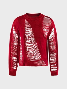 FeverCity Men's Solid Color Crew Neck Distressed Long Sleeve Casual Sweater - Burgundy - View 1