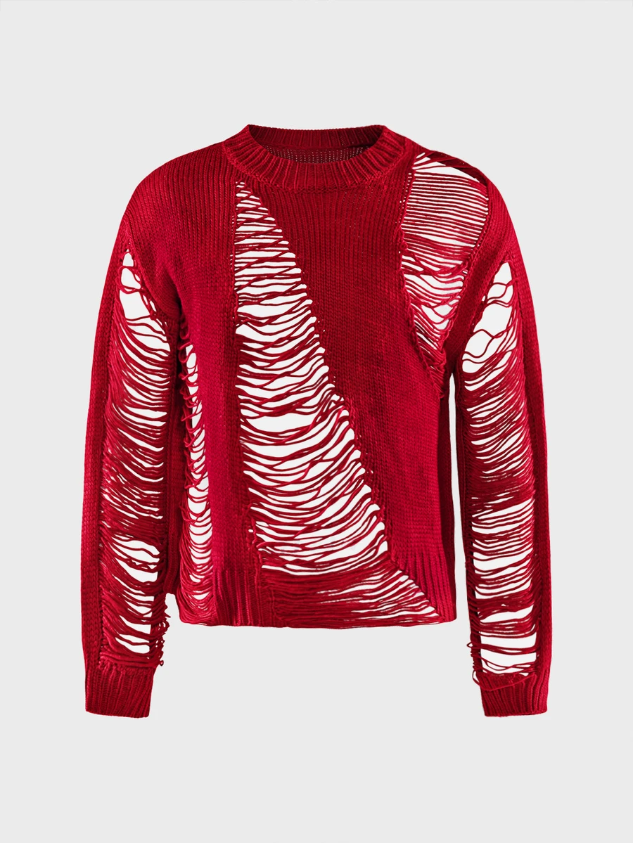 FeverCity Men's Solid Color Crew Neck Distressed Long Sleeve Casual Sweater - Burgundy - View 1