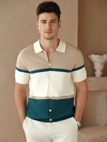 Manfinity Homme Men's Plus Size Short Sleeve Knit Cardigan, Colorful Stripe Design, Fashionable Youthful Style, Autumn - Multicolor - View 3