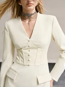 MOTF PREMIUM WOMEN'S AUTUMN/WINTER LACE PATCHWORK ELEGANT STRUCTURED DESIGN SHORT DRESS - Beige - View 2