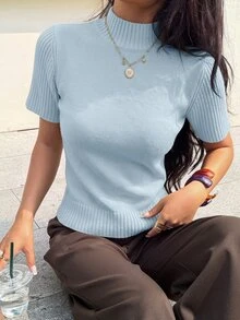 Siren Gaze 女款素色高領短袖針織上衣毛衣 全季新年夏季休閒端莊教師節辦公穿搭 - 淺藍色 - 查看 4