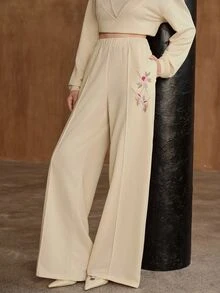 Anewsta Cream White Floral Embroidered Elastic Waist Drapey Wide Leg Soft Style Casual Slimming Versatile Straight Leg Women's Sweatpants - Beige - View 3