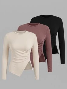 SHEIN BASICS 3-Pack Women's Solid Crew-Neck Long-Sleeve Ruched Side-Slit Casual T-Shirt - Multicolor - View 3