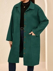 EMERY ROSE Plus Size Country Outfits Women Corduroy Double Pocket Button Placket Midi Coatan,Fall Women Clothes - Dark Green - View 3