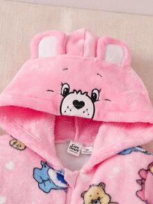 SHEIN X Care Bears GraphicGems 秋冬雙面法蘭絨保暖內裡加厚女童連身衣，聯名可愛卡通熊與星星印花，精緻熊帽附刺繡與3D耳朵設計，拉鍊開合，長袖長褲居家休閒服 - 粉色 - 查看 3