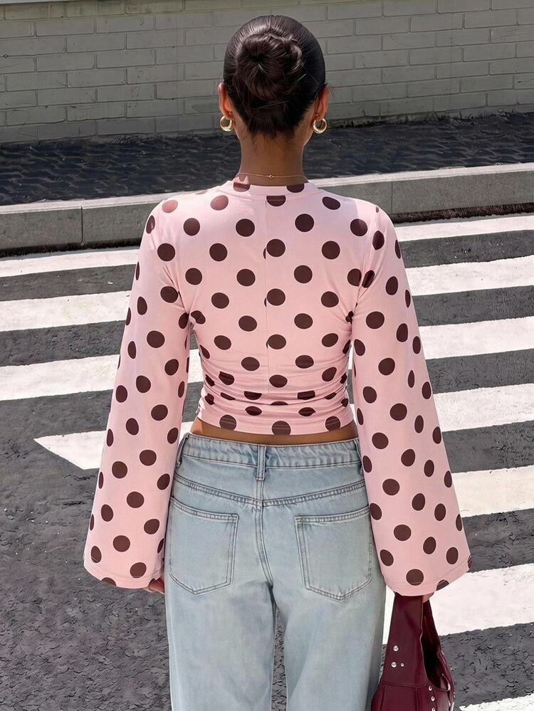 Muchica Autumn New Polka Dot Print Batwing Sleeve Slim Fit Long Sleeve T-Shirt, Elegant Casual Fashion Basic Top For Spring Summer Autumn Winter, Suitable For Outings And Parties, Women's Polka Dot Top T-Shirt - Multicolor - View 2