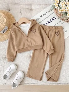 Baby Girls Heart Pattern Zipper Pullover Jacket And Loose Sweatpants Set - Khaki - View 4
