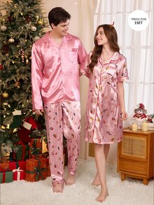 CoupledUp Cartoon Casual Wearable Christmas Men's Loungewear Set, Comfortable 2 Pieces Outfit - Pink - View 3