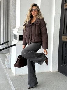 Pariaura Fashionable Elegant Slimming Detachable Large Fur Collar Padded Coat With Zipper Front And Side Pockets Loose Fit - Brown - View 5