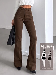 SHEIN Tall 女款純色高腰時尚修身喇叭牛仔褲 - 棕色 - 查看 1