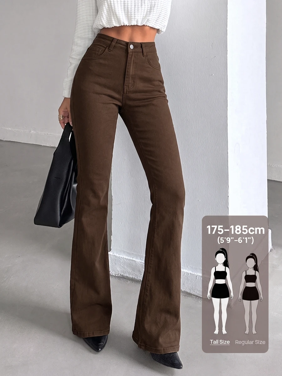 SHEIN Tall 女款純色高腰時尚修身喇叭牛仔褲 - 棕色 - 查看 1