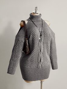 SHEIN ICON Plus Size Women's Cold Shoulder High Neck Long Sleeve Knit Dress - Grey - View 11