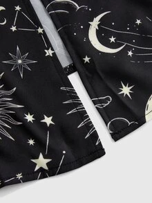 ROMWE Women's Summer Gothic Moon Sun Face Star Heart Sword Cat Zodiac Print Lace Patchwork Deep V-Neck Cold Shoulder High Slit Dress Top Prom Dress - Black - View 4
