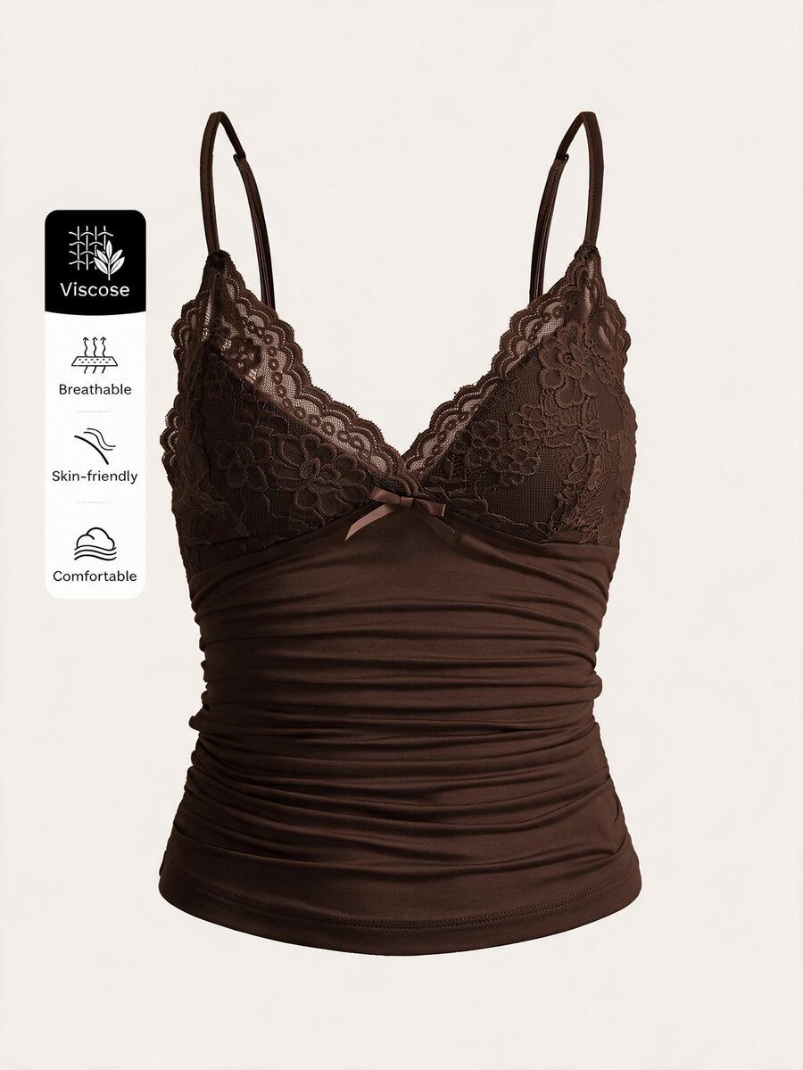 SHEIN ICON 對比色蕾絲抓皺 Y2K 細肩帶背心上衣 - 咖啡棕 - 查看 1