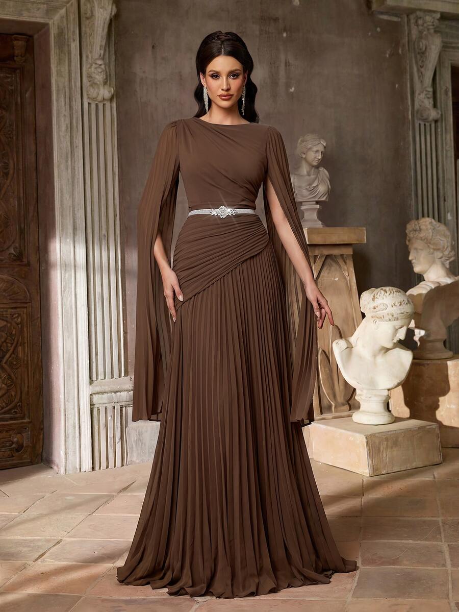 Aureia Elegant Brown Round Neck Minimalist Chiffon Heavy Pleated Maxi ...