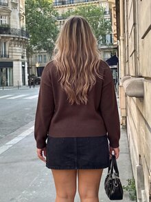 Vionelle Plus Size Luxury Asymmetrical Placket Metal Button Cardigan Sweater For Commuting And Dating - Coffee Brown - View 2