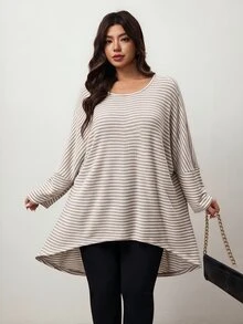 Enliva Plus Size Striped Long Sleeve Tunic Tee With Side Slit Apple - Khaki - View 3