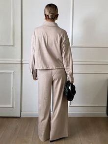 DAZY Women's Beige Lapel Zipper Pocket Long Sleeve Jacket With Matching High Waist Loose Wide Leg Pants 2 Pieces Set - Khaki - View 2