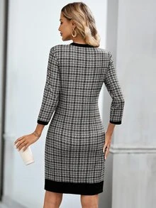 EMERY ROSE Women's Elegant Button Contrast Color Vintage Dress For Office - Black and White - View 2