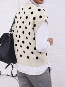 Louniche 女款秋冬新款卡其色波點休閒優雅復古慵懶針織背心上衣，適合休閒日常通勤居家辦公穿著，優雅針織上衣 - 杏色 - 查看 2