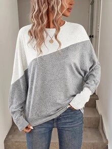 SHEIN LUNE 女款拼色休閒日常長袖運動衫 - 灰色 - 查看 7