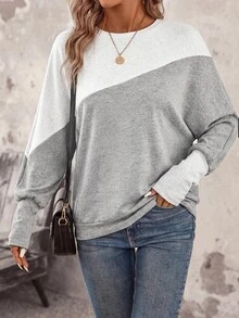 SHEIN LUNE 女款拼色休閒日常長袖運動衫 - 灰色 - 查看 6