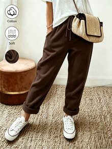SHEIN Maillard Coffee Brown Thickened Casual Sweatpants For Women, Drawstring Waist, Pockets, Cuffed Hem, Loose Straight Leg Long Pants - Brown - View 1