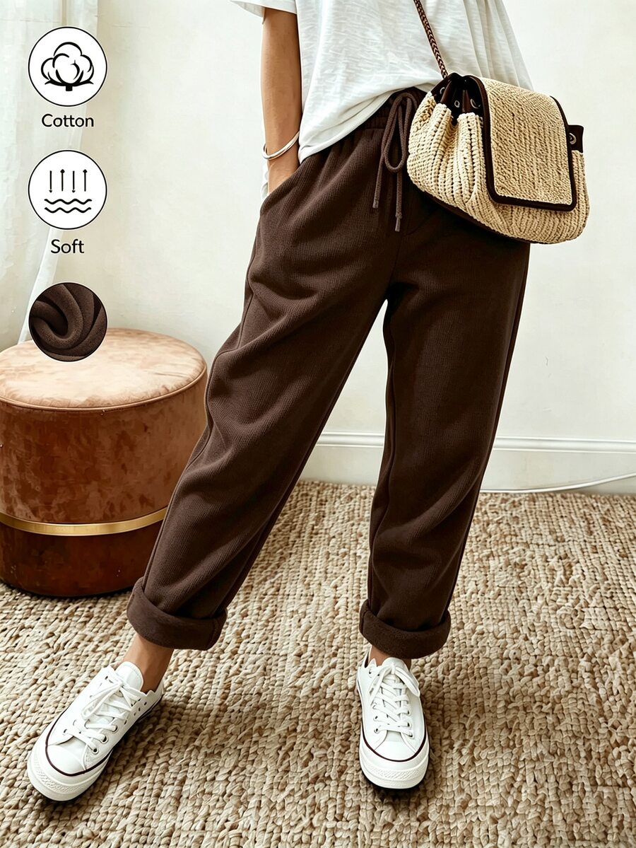SHEIN Maillard Coffee Brown Thickened Casual Sweatpants For Women, Drawstring Waist, Pockets, Cuffed Hem, Loose Straight Leg Long Pants - Brown - View 1