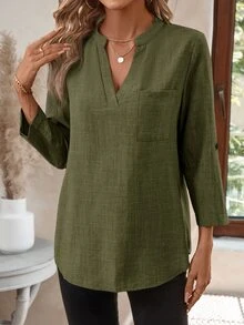 EMERY ROSE Women's Spring All-Over Print Notch Collar 3/4 Sleeve Work Shirt - Dark Green - View 5