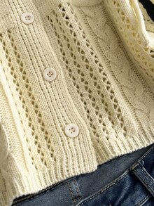 Sweetra Cream Yellow Round Neck Single-Breasted Hollow Cable Knit Women's Cardigan - Light Yellow - View 6