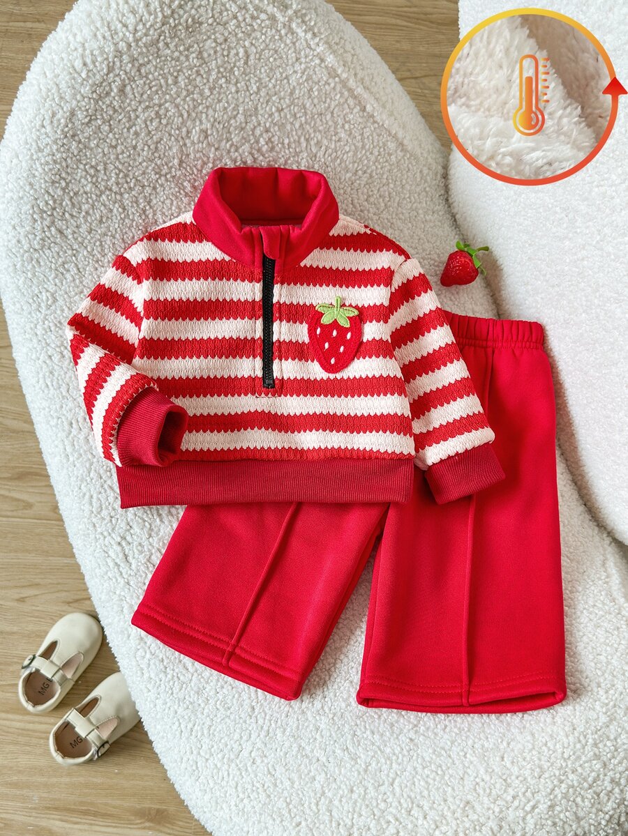 SHEIN Playful Pals 2件組幼兒女嬰毛衣褲套裝，可愛甜美紅色草莓刺繡條紋長袖半拉鍊加厚冬季連身褲，適合秋季與節日穿著，色彩鮮豔 - 紅白色 - 查看 1