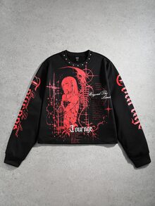 ROMWE MEN Men's Loose Long Sleeve T-Shirt With Rivet Decor And Anime Character Print - Black - View 6