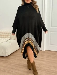 SHEIN CURVE+ فستان كنزة بياقة عالية من الجاكار بألوان متباينة مقاس كبير - متعدد الألوان - مشاهدة 8